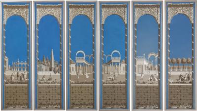 Collection of Six 19th c French Directoire Framed Panoramic Wallpaper Scenes