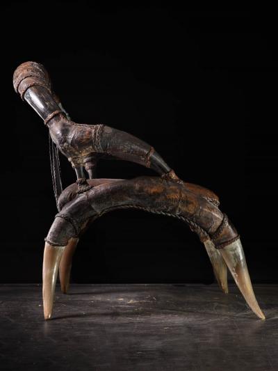 Colonial African Leather Horn Throne Armchair