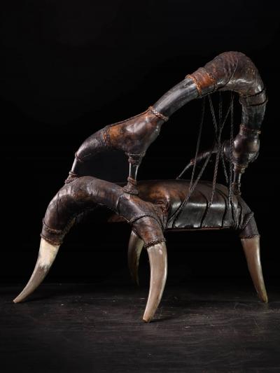 Colonial African Leather Horn Throne Armchair