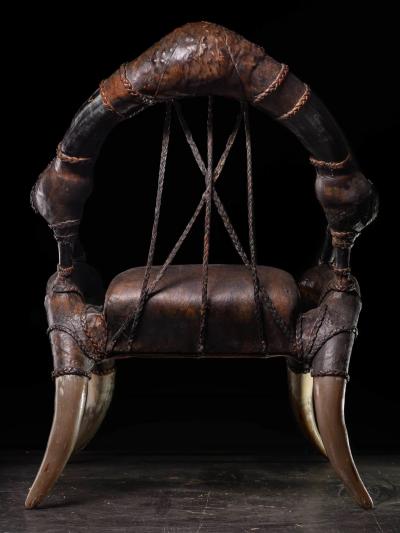 Colonial African Leather Horn Throne Armchair