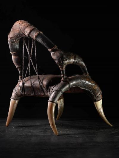 Colonial African Leather Horn Throne Armchair