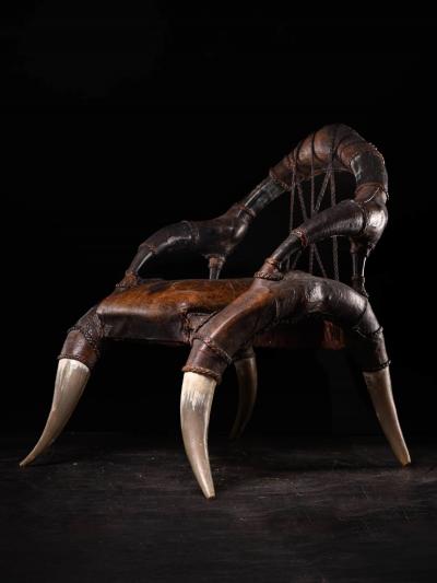 Colonial African Leather Horn Throne Armchair