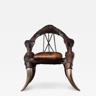 Colonial African Leather Horn Throne Armchair