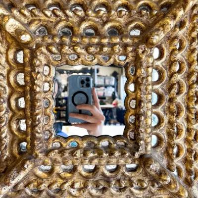 Colonial Baroque Large Square Sunburst Mirror in Hardwood Gold Leaf Peru 1925