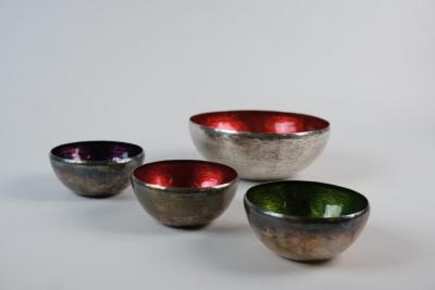 Colorful Handmade Eva Hidstr m Sterling Silver Enameled Bowl Set Finland 1970s