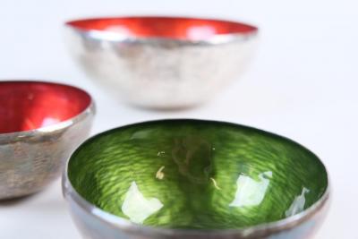 Colorful Handmade Eva Hidstr m Sterling Silver Enameled Bowl Set Finland 1970s