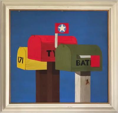 Colorful Mid century Mailboxes Oil Painting with a Bee on Board