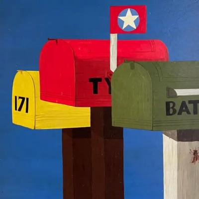 Colorful Mid century Mailboxes Oil Painting with a Bee on Board