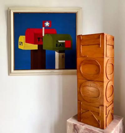 Colorful Mid century Mailboxes Oil Painting with a Bee on Board