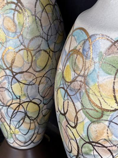 Colorful Pair of 1960s Bottle form Lamps with Polychromed and Gold Surface