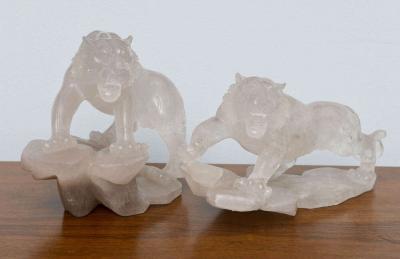 Companion Pair of French Contemporary Rock Crystal Tiger Sculptures