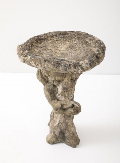 Composite Stone Faux Bois Birdbath with Squirrel Garden Ornament English 20th C