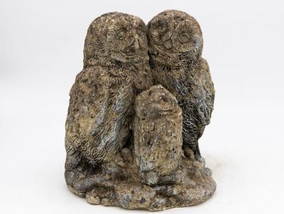 Concrete Owl Family Garden Ornament French 20th Century