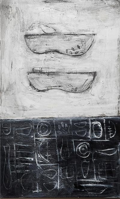 Connie Lloveras Abstract Black White Vessel Painting Over Markings Image 3