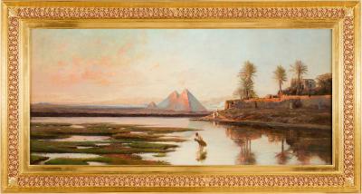 Conrad Peter Schreiber Large Orientalist oil painting of the Nile at sunrise by Conrad Peter Schreiber