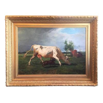 Constant Troyon Constant Troyon White cow chased by a dog oil on canvas
