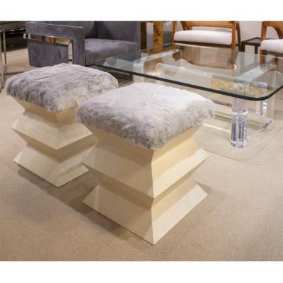 Constantin Br ncu i Chic Pair of Zig Zag Benches in Lacquered Goatskin with Gray Fur Seats 1970s