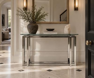 Constructivist Style Console Table Chromed Steel Beveled Glass USA 1980s