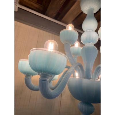 Contemporary 18 Arms Matte Light Blue Murano Style Glass Chandelier
