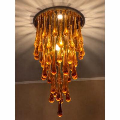Contemporary Amber and Transparent Gold Murano Glass Big Drops Flush Mount