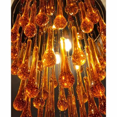 Contemporary Amber and Transparent Gold Murano Glass Big Drops Flush Mount