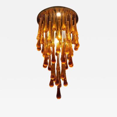 Contemporary Amber and Transparent Gold Murano Glass Big Drops Flush Mount