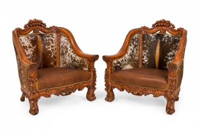 Contemporary American Carved Walnut and Cowhide Wide Lounge Armchairs