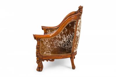 Contemporary American Carved Walnut and Cowhide Wide Lounge Armchairs