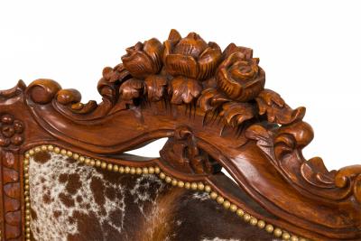 Contemporary American Carved Walnut and Cowhide Wide Lounge Armchairs