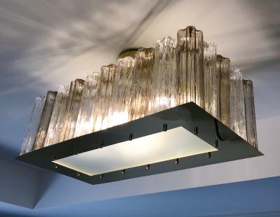 Contemporary Art Deco Style Italian Crystal Smoked Murano Glass Flush Chandelier