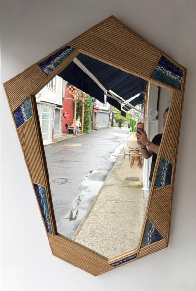 Contemporary Asymmetrical Mirror Rattan Marquetry and Enamel Metal Italy