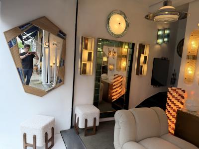 Contemporary Asymmetrical Mirror Rattan Marquetry and Enamel Metal Italy