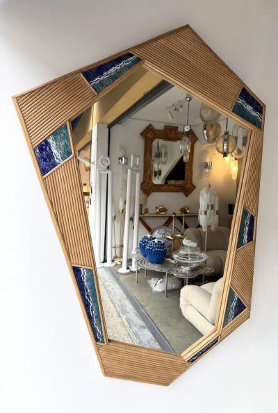 Contemporary Asymmetrical Mirror Rattan Marquetry and Enamel Metal Italy