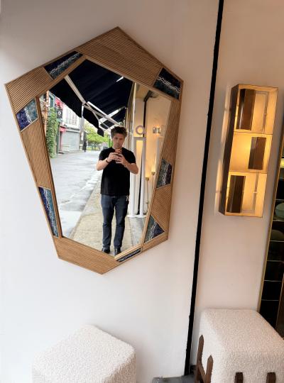 Contemporary Asymmetrical Mirror Rattan Marquetry and Enamel Metal Italy