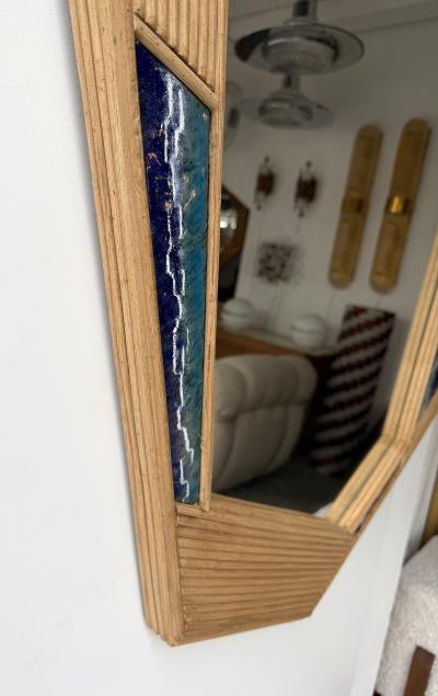 Contemporary Asymmetrical Mirror Rattan Marquetry and Enamel Metal Italy