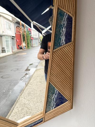 Contemporary Asymmetrical Mirror Rattan Marquetry and Enamel Metal Italy