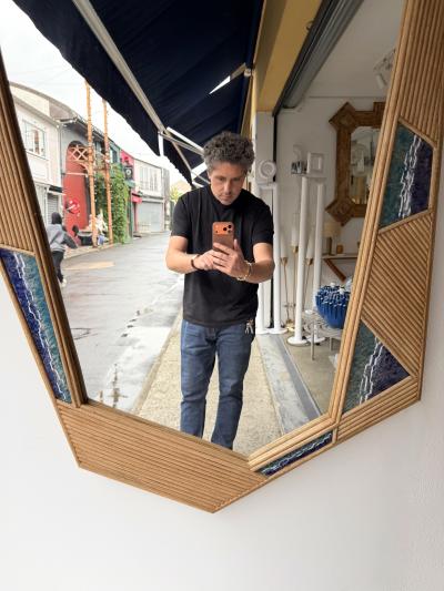 Contemporary Asymmetrical Mirror Rattan Marquetry and Enamel Metal Italy