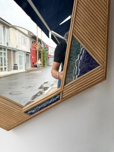 Contemporary Asymmetrical Mirror Rattan Marquetry and Enamel Metal Italy