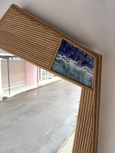 Contemporary Asymmetrical Mirror Rattan Marquetry and Enamel Metal Italy
