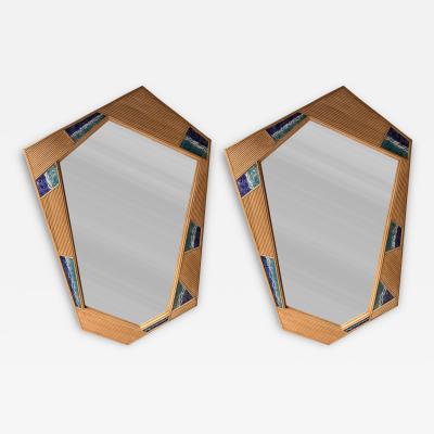 Contemporary Asymmetrical Mirror Rattan Marquetry and Enamel Metal Italy