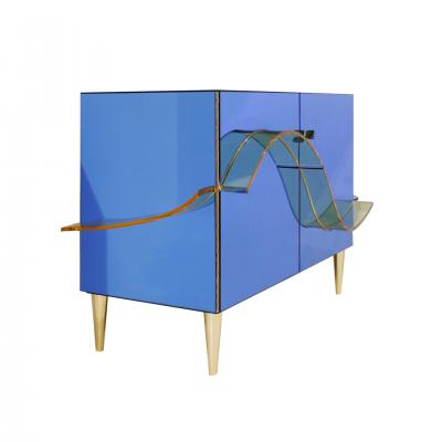 Contemporary Blue Murano Glass Mirror and Brass Pair of Italian Cabinets