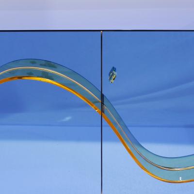 Contemporary Blue Murano Glass Mirror and Brass Pair of Italian Cabinets