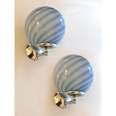 Contemporary Blue Swirl Rods Murano Glass Wall Sconces Set of Two