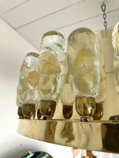 Contemporary Brass Chandelier and Murano Glass Gold Leaf Flame Italy