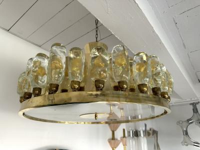 Contemporary Brass Chandelier and Murano Glass Gold Leaf Flame Italy
