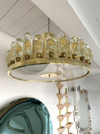 Contemporary Brass Chandelier and Murano Glass Gold Leaf Flame Italy