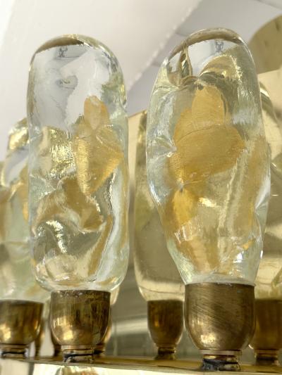 Contemporary Brass Chandelier and Murano Glass Gold Leaf Flame Italy