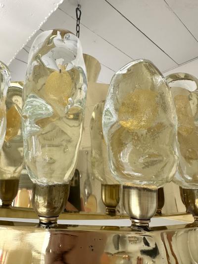 Contemporary Brass Chandelier and Murano Glass Gold Leaf Flame Italy