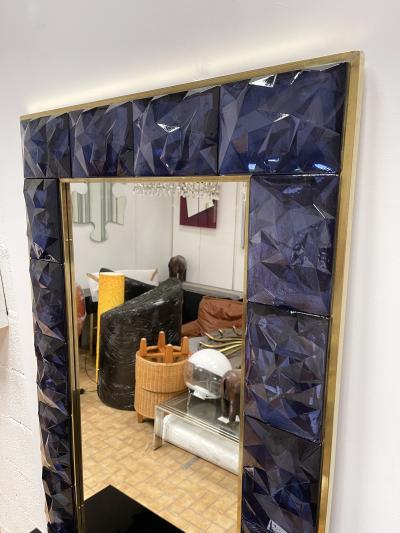 Contemporary Brass Mirror Blue Murano Glass Italy