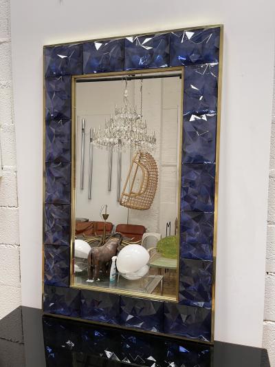 Contemporary Brass Mirror Blue Murano Glass Italy